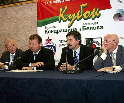 Dusan Ivkovic, Sergey Kushchenko, Igor Onokov and Alexander Gomelsky on the postfinal press-conference  (photo T.Makeeva)